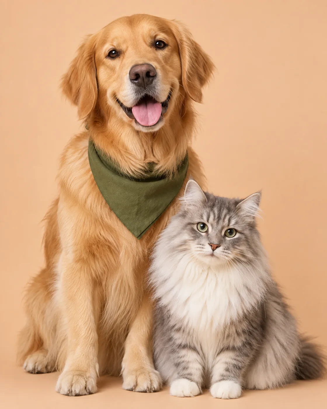 A happy golden retriever wearing a green bandana beside a fluffy silver cat